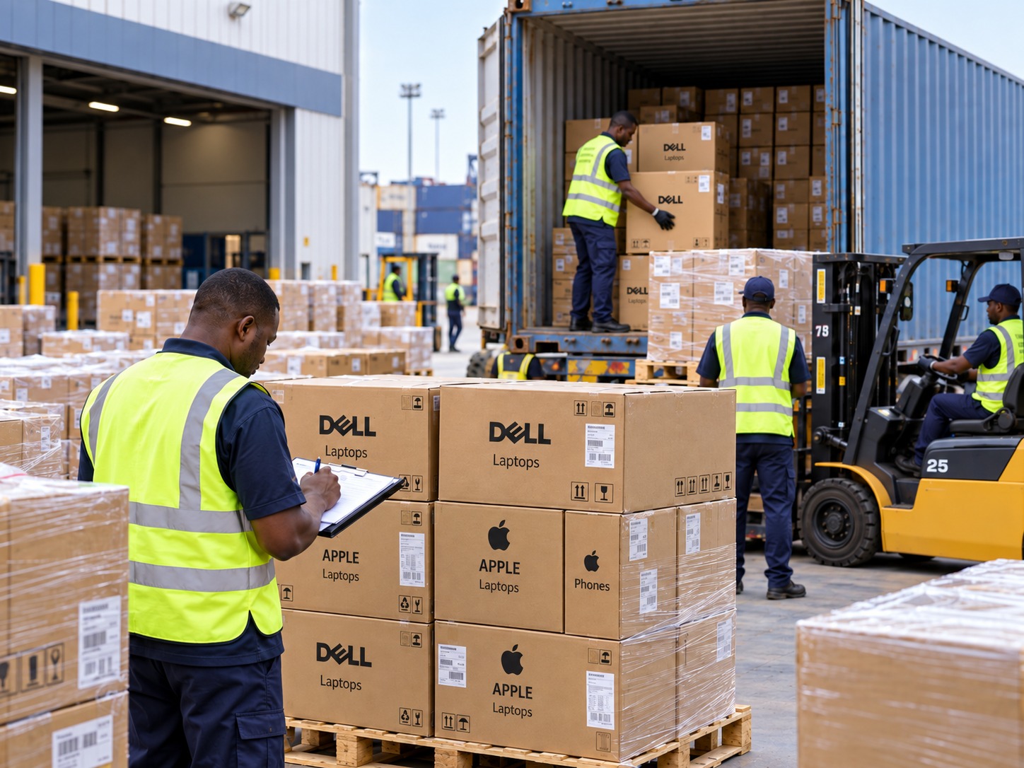 Boxed electronics cargo being handled at a logistics terminal