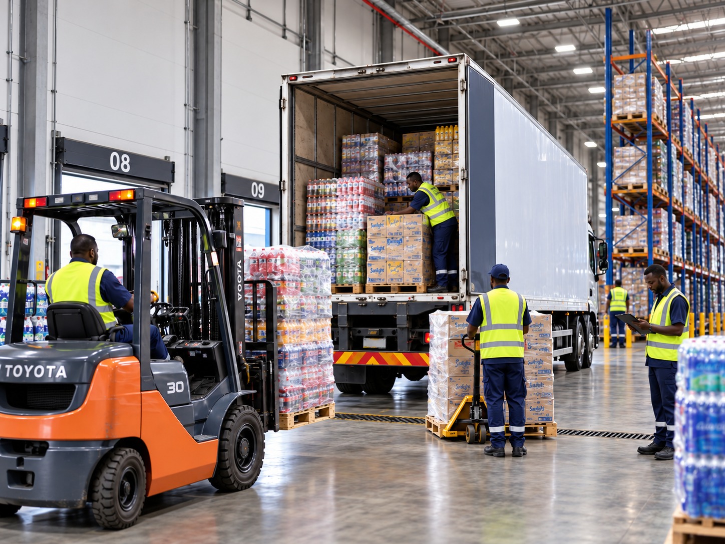 Consumer goods being loaded at an indoor warehouse bay